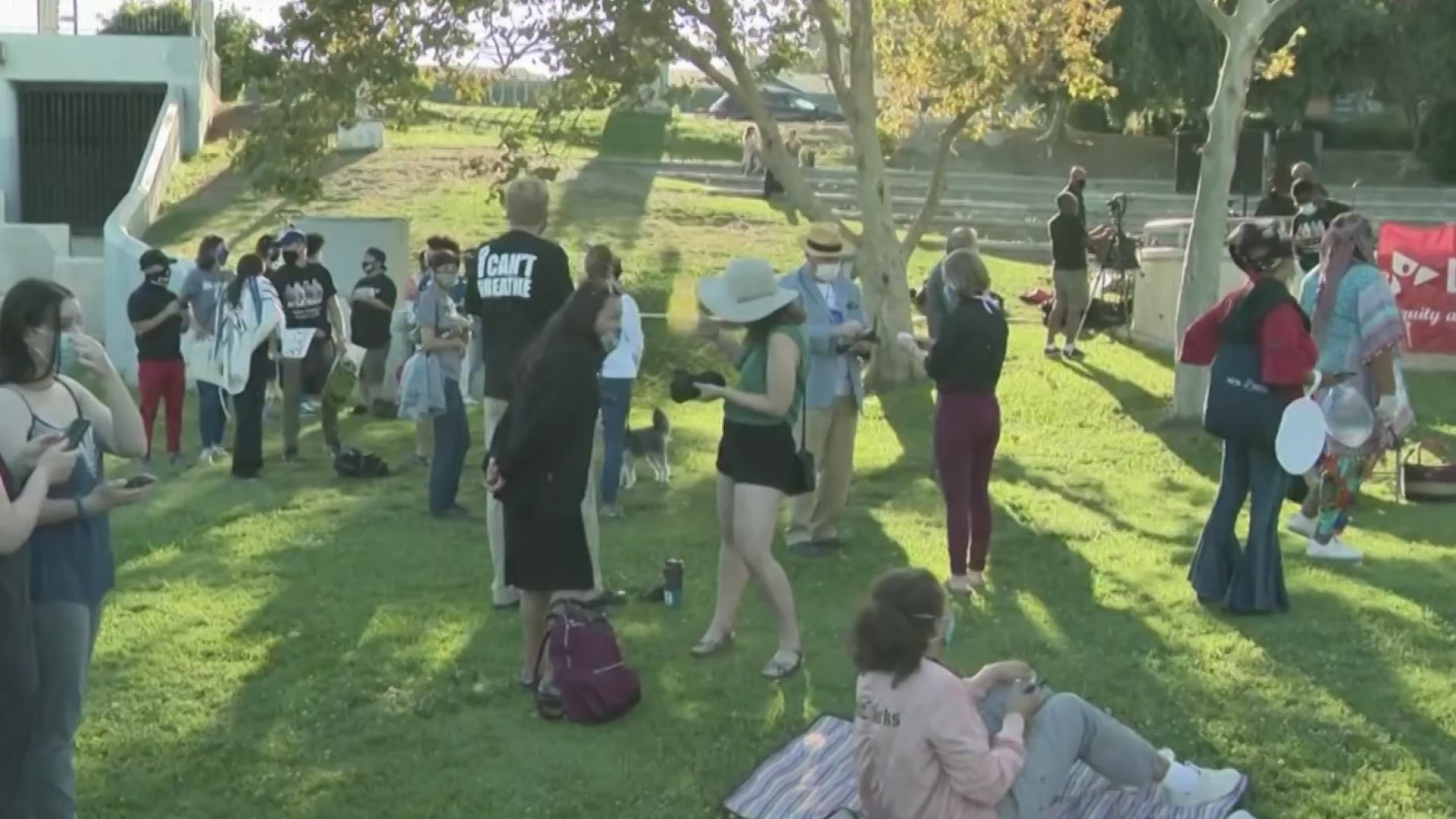 People gathered in L.A.'s Pan Pacific Park on July 19, 2020, to rally for justice for Black lives and an end to racism. (KTLA)