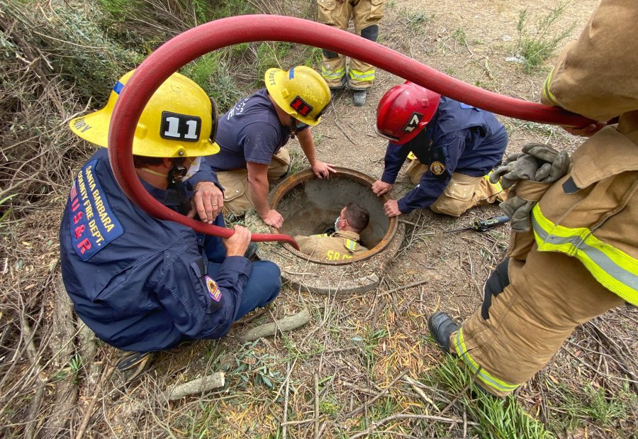 The Santa Barbara County Fire Department posted this photo on Instagram on July 16, 2020 showing firefighters' rescue of a dog on the UC Santa Barbara campus.