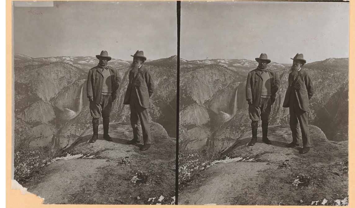 Theodore Roosevelt (left) and John Muir on Glacier Point above Yosemite Valley, California, in 1903. (via Library of Congress)