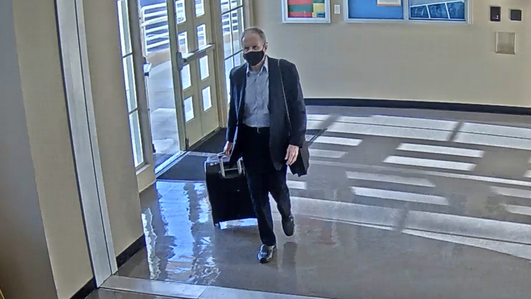 Roy Den Hollander walks through Los Angeles' Union Station on July 11, 2020, in a surveillance image released by the San Bernardino County Sheriff's Department.