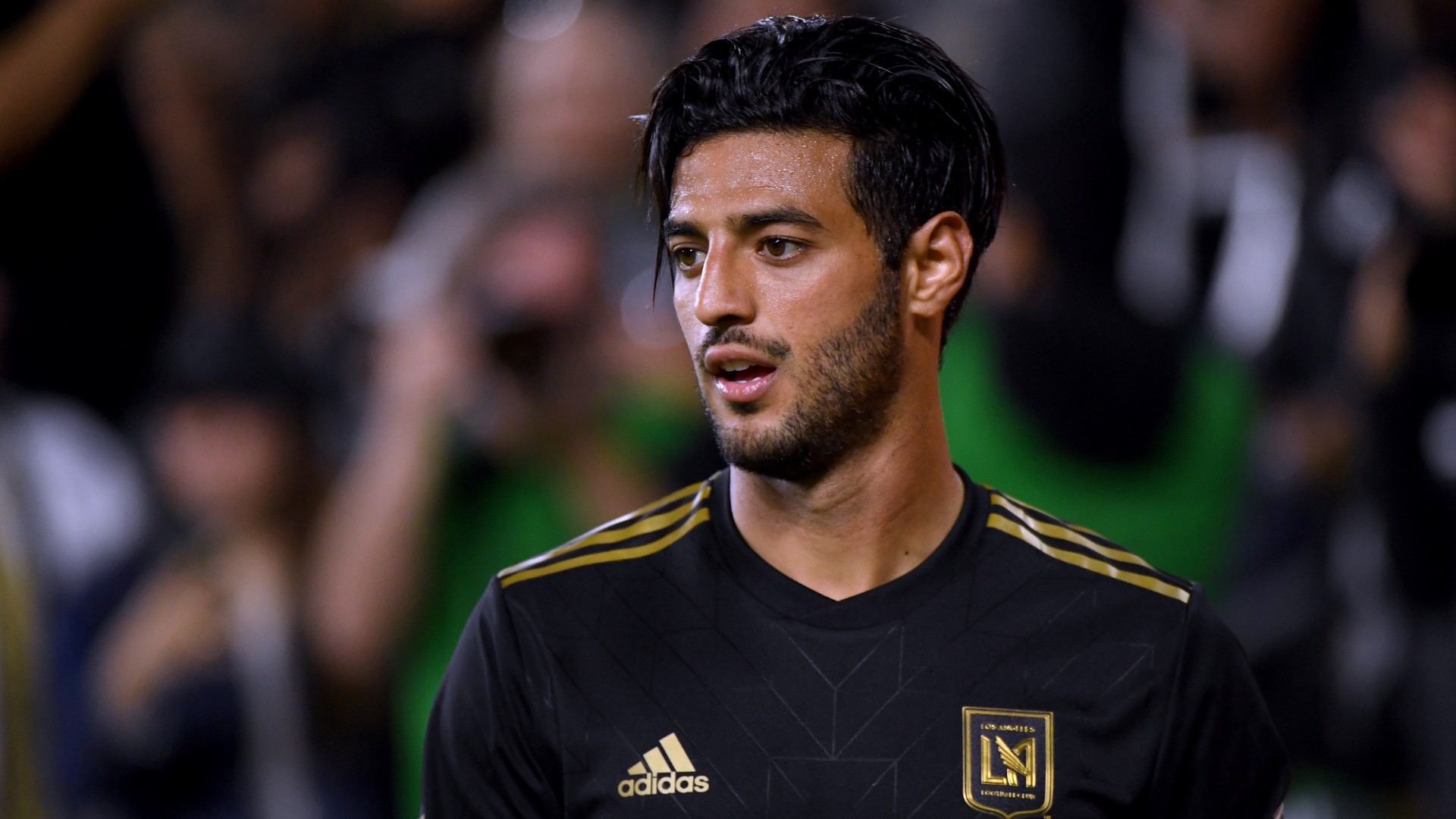 Carlos Vela of Los Angeles FC reacts after earning a corner kick during a 2-0 win over FC Cincinnati at Banc of California Stadium on April 13, 2019 in Los Angeles. (Harry How/Getty Images)