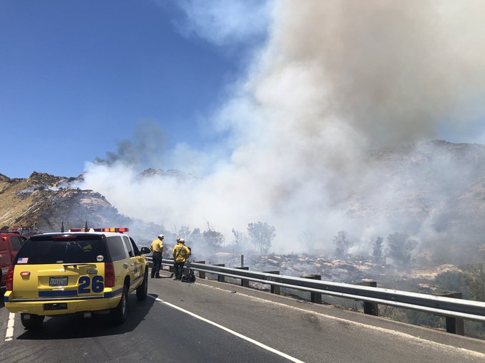 The Ventura County Fire Department tweeted this image of the Peak Fire on the 118 Freeway in the Chatsworth area on Aug. 11, 2020.