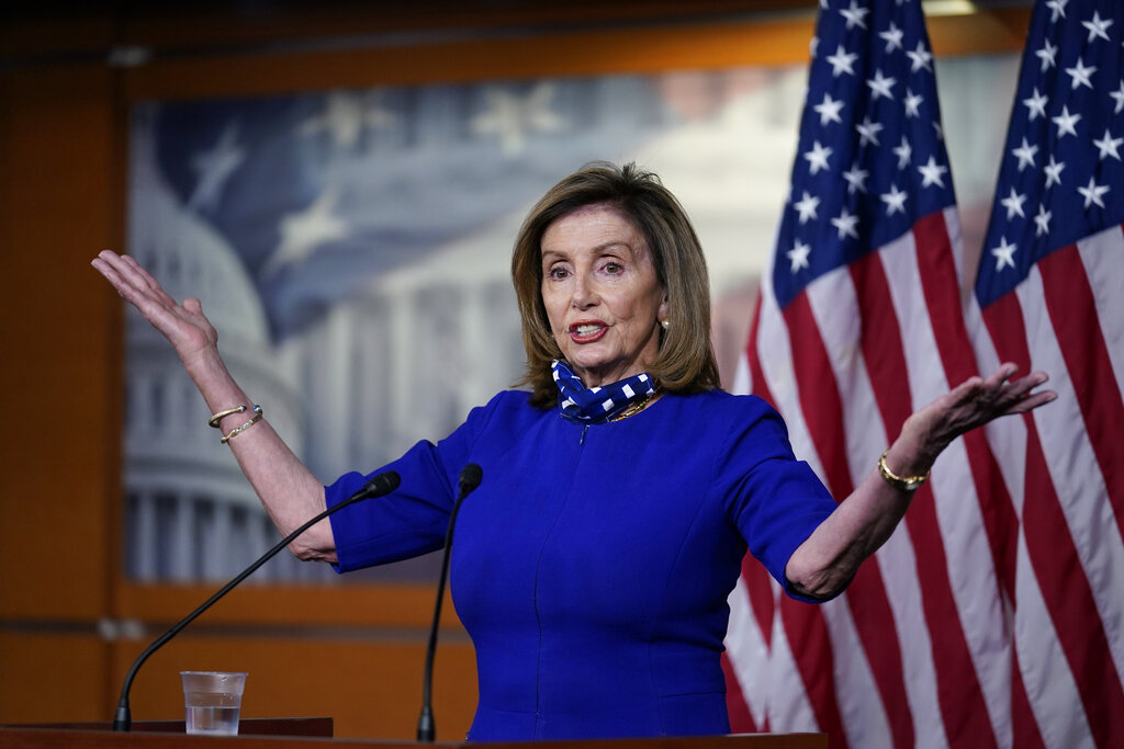 Speaker of the House Nancy Pelosi, D-Calif., speaks during a news conference at the Capitol in Washington, Thursday, Aug. 27, 2020. (AP Photo/J. Scott Applewhite)