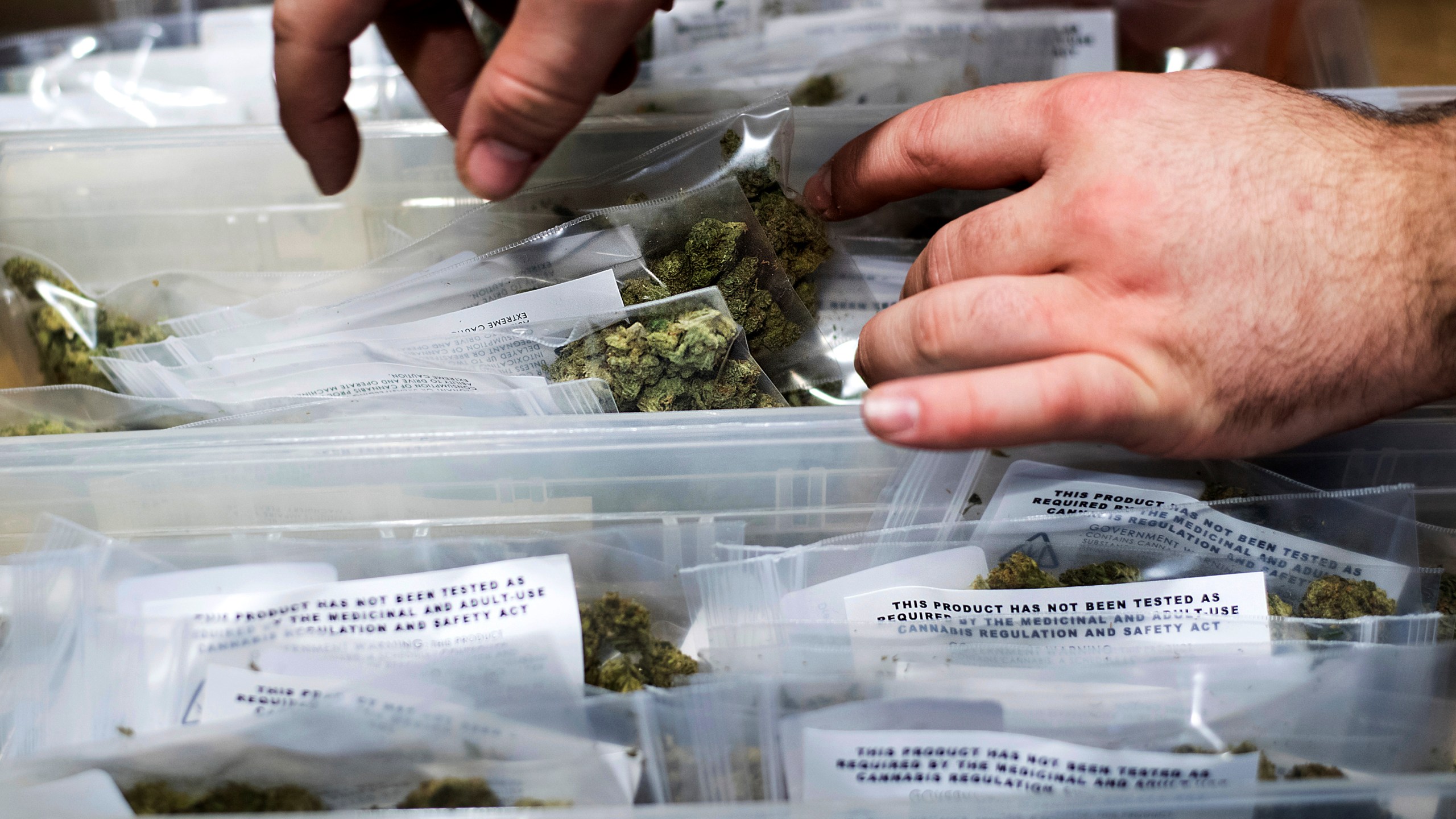 An employee stocks cannabis at a store shortly before its first day of recreational marijuana sales in San Francisco, on Jan. 6, 2018. (Noah Berger / Associated Press)