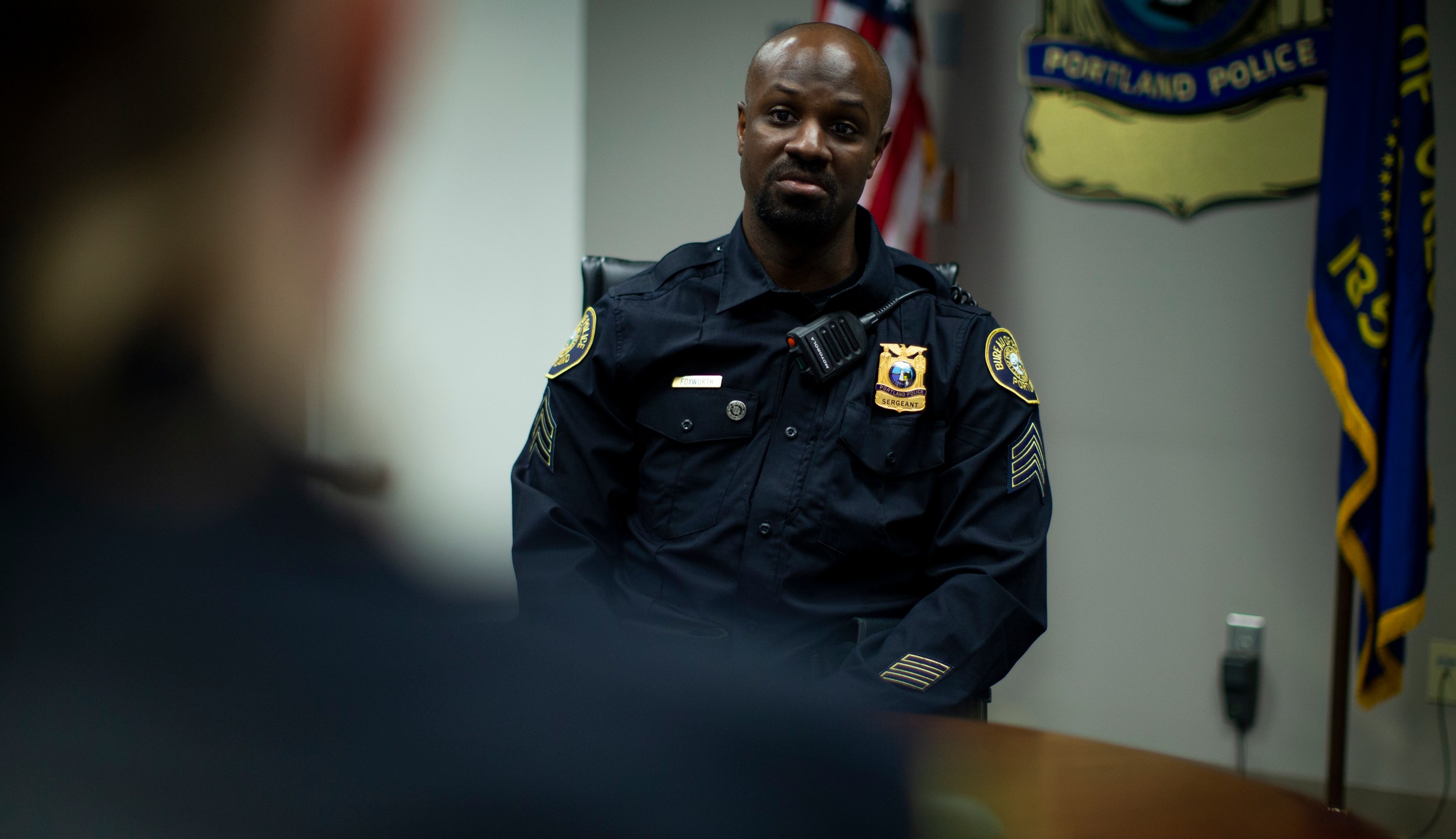 Portland Police Sgt. Derrick Foxworth spoke at a press conference at the Justice Center on Thursday, Aug. 6, 2020. (Dave Killen/The Oregonian via AP, Pool)