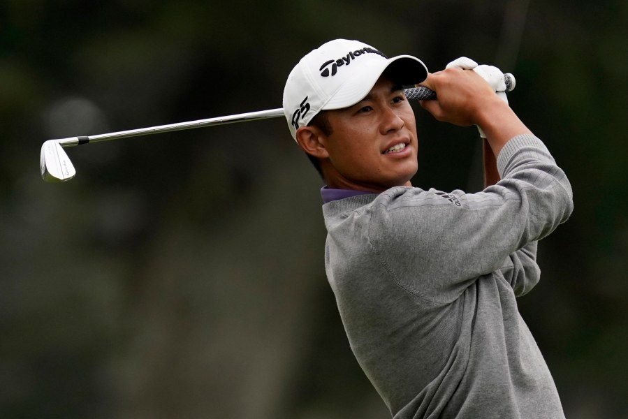 Collin Morikawa watches his tee shot on the third hole during the final round of the PGA Championship golf tournament at TPC Harding Park on Aug. 9, 2020, in San Francisco. (AP Photo/Jeff Chiu)