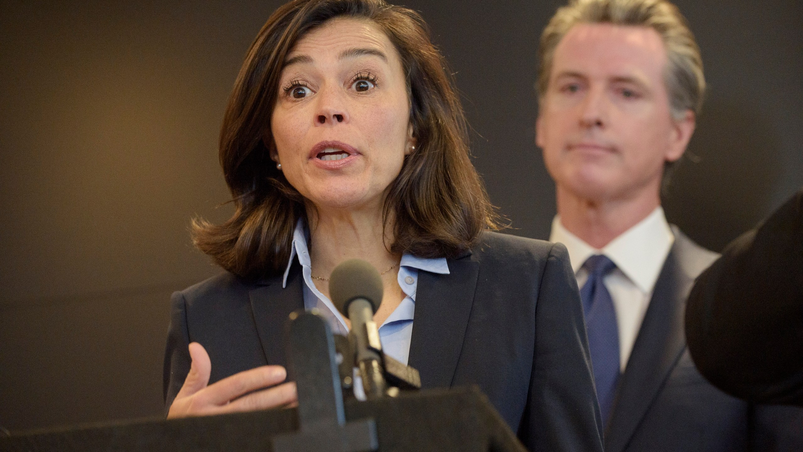 In this Feb. 27, 2020, file photo, California Department of Public Health Director and State Health Officer Dr. Sonia Angell speaks to members of the press at a news conference in Sacramento, Calif.. Angell announced she was departing from her role as director and state public health officer for the California Department of Public Health in a letter to staff that was released Sunday, Aug. 9, 2020. (AP Photo/Randall Benton, File)