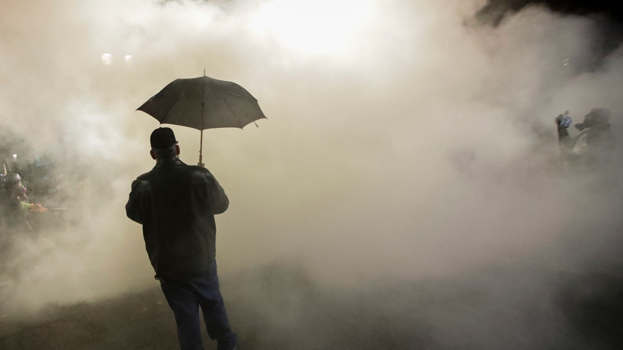 A protester carries an umbrella as federal police officers deploy tear gas during a protest at the Mark O. Hatfield U.S. Courthouse in Portland, Oregon on July 25, 2020. (Marcio Jose Sanchez/Associated Press)