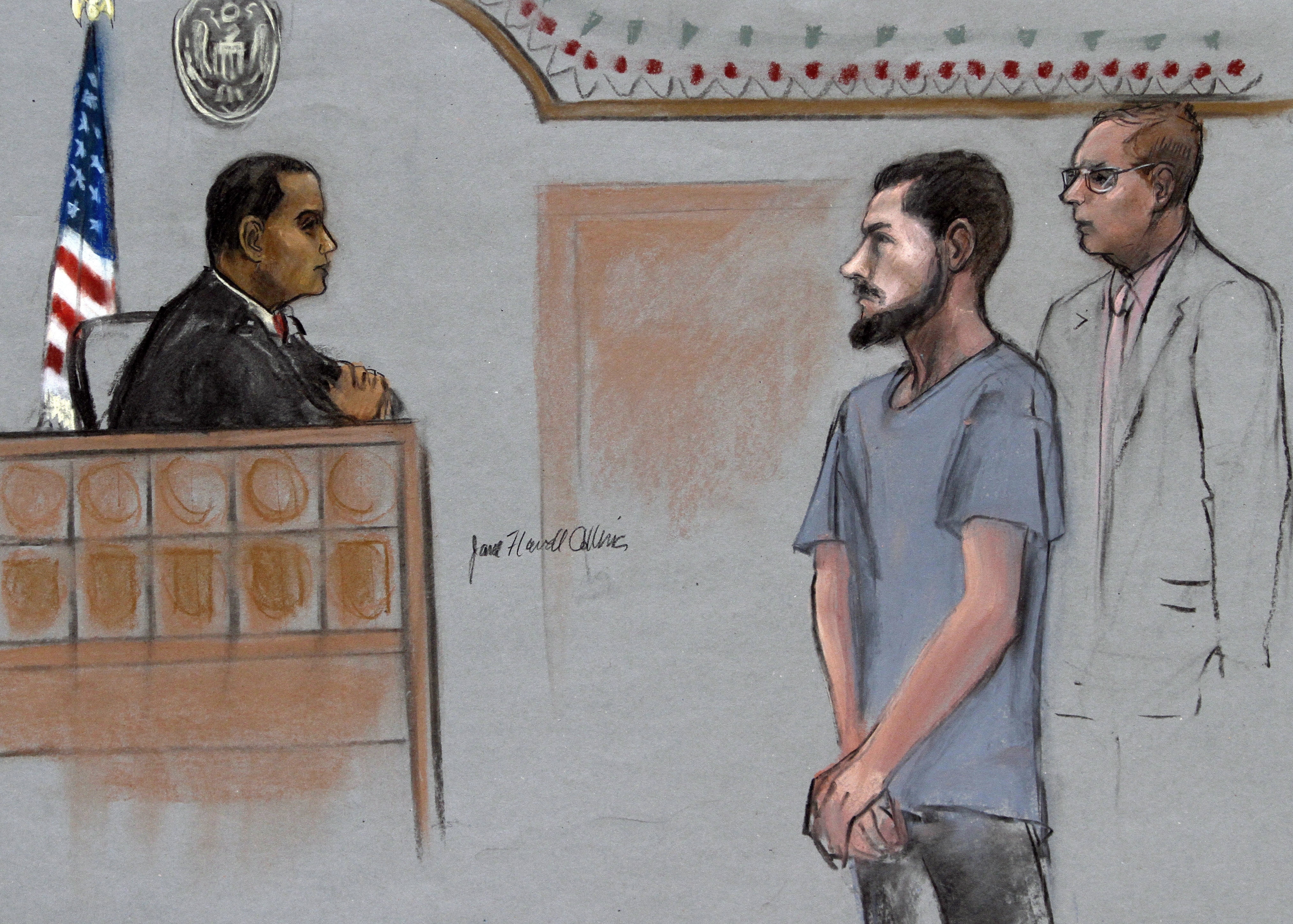 In this Friday, June 12, 2015, file courtroom sketch, Nicholas Rovinski, second from right, of Warwick, R.I., is depicted standing with his attorney William Fick, right, as Magistrate Judge Donald Cabell, left, presides during a hearing in federal court in Boston. In August 2020, U.S. District Judge William Young ordered Rovinski's early release after his lawyers argued that his medical conditions make him particularly susceptible to serious illness from COVID-19. (Jane Flavell Collins via AP, File)