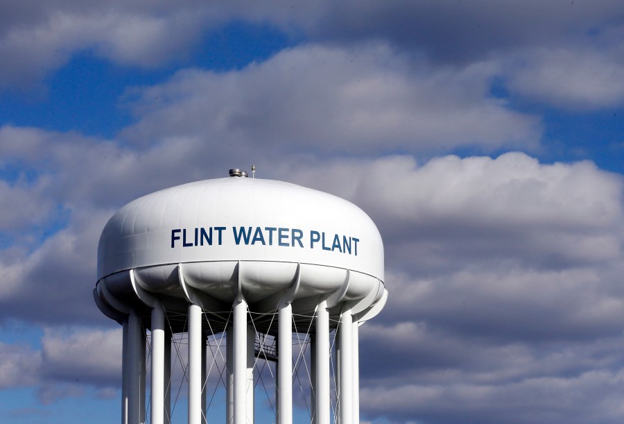 In this March 21, 2016, file photo, the Flint Water Plant water tower is seen in Flint, Michigan. (Carlos Osorio / Associated Press)