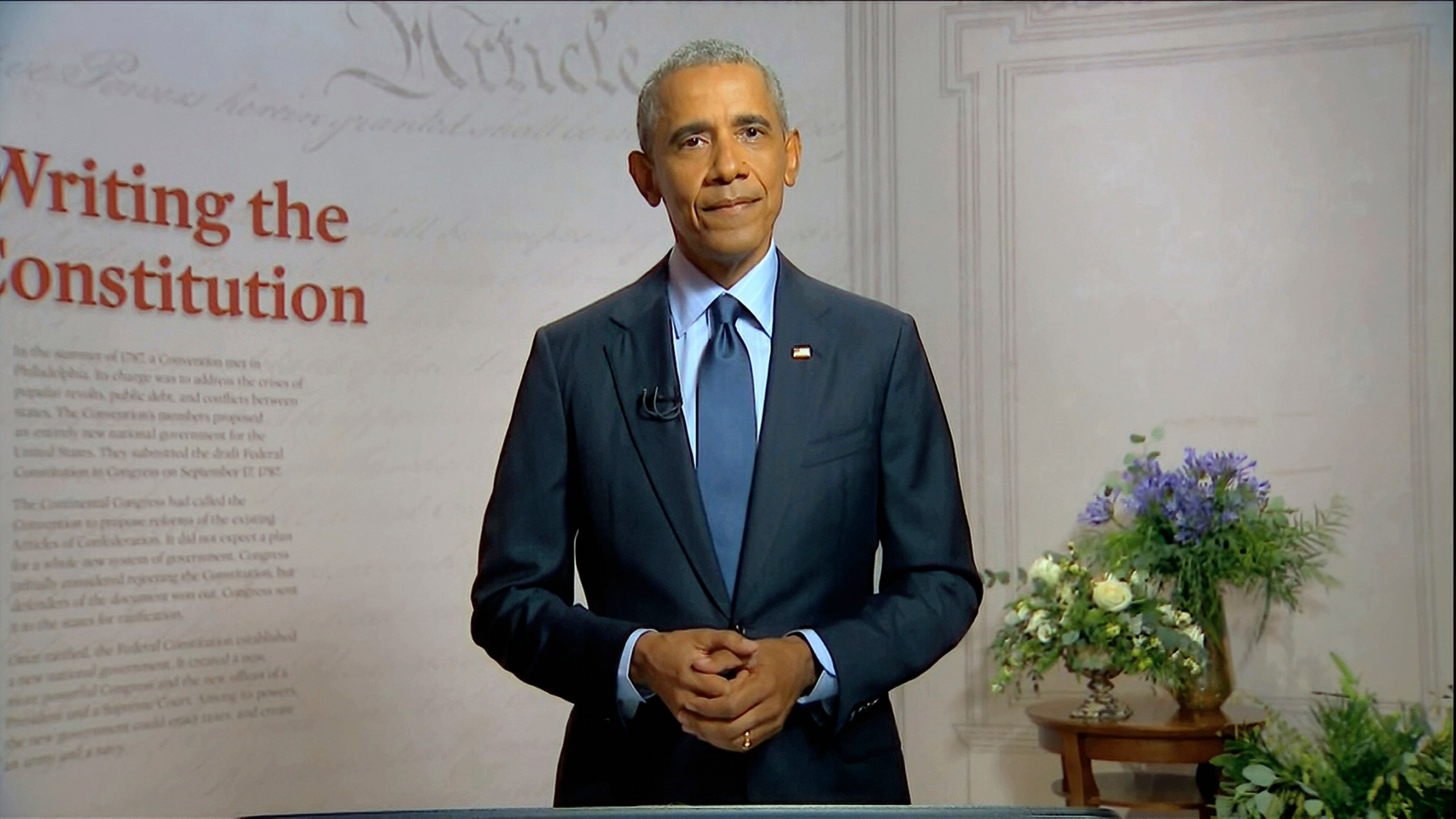 In this image from video, former President Barack Obama speaks during the third night of the Democratic National Convention on Aug. 19, 2020. (Democratic National Convention via Associated Press)