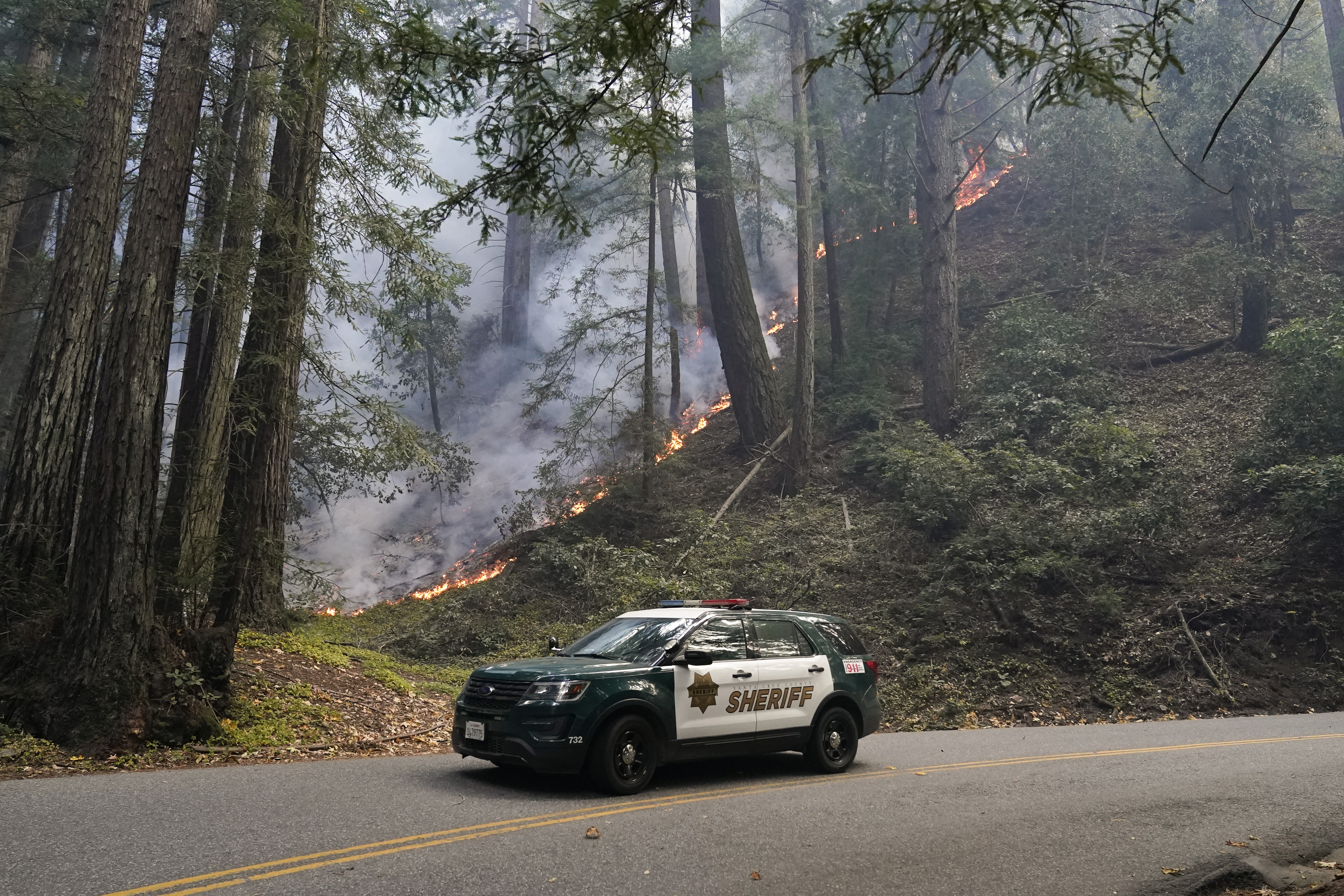 A police vehicle is seen under a forest being burned by the CZU August Lightning Complex Fire on Aug. 24, 2020 near Bonny Doon, California. (Marcio Jose Sanchez / Associated Press)