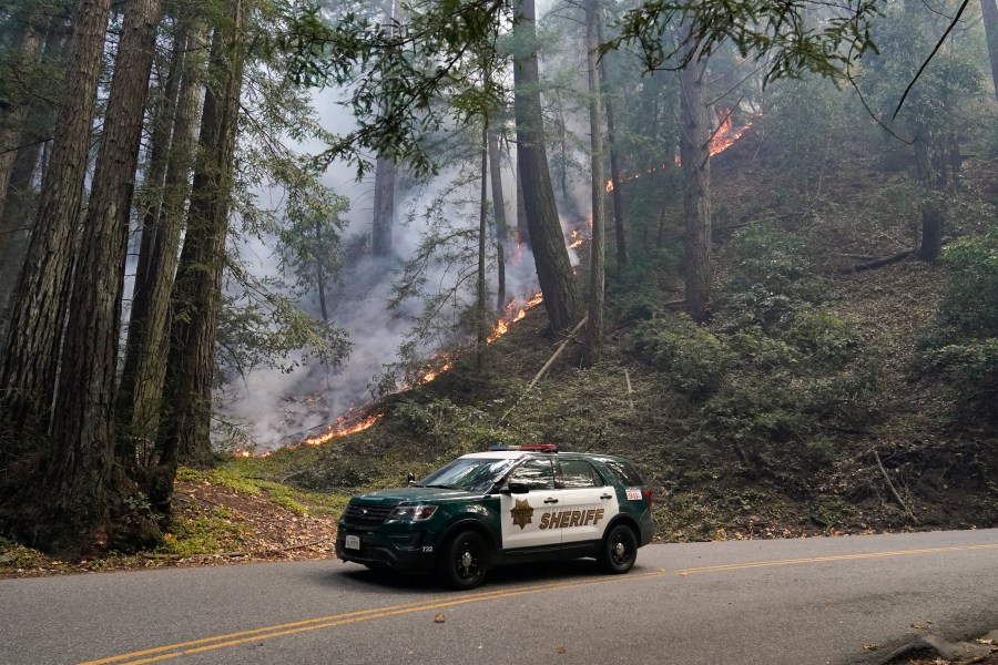 A police vehicle is seen under a forest being burned by the CZU August Lightning Complex Fire Monday, Aug. 24, 2020 near in Bonny Doon, Calif. (AP Photo/Marcio Jose Sanchez)