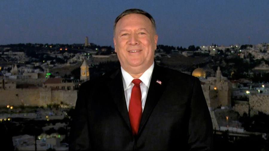 In this image from video, Secretary of State Mike Pompeo speaks from Jerusalem during the second night of the Republican National Convention on Aug. 25, 2020. (Courtesy of the Committee on Arrangements for the 2020 Republican National Committee via Associated Press)