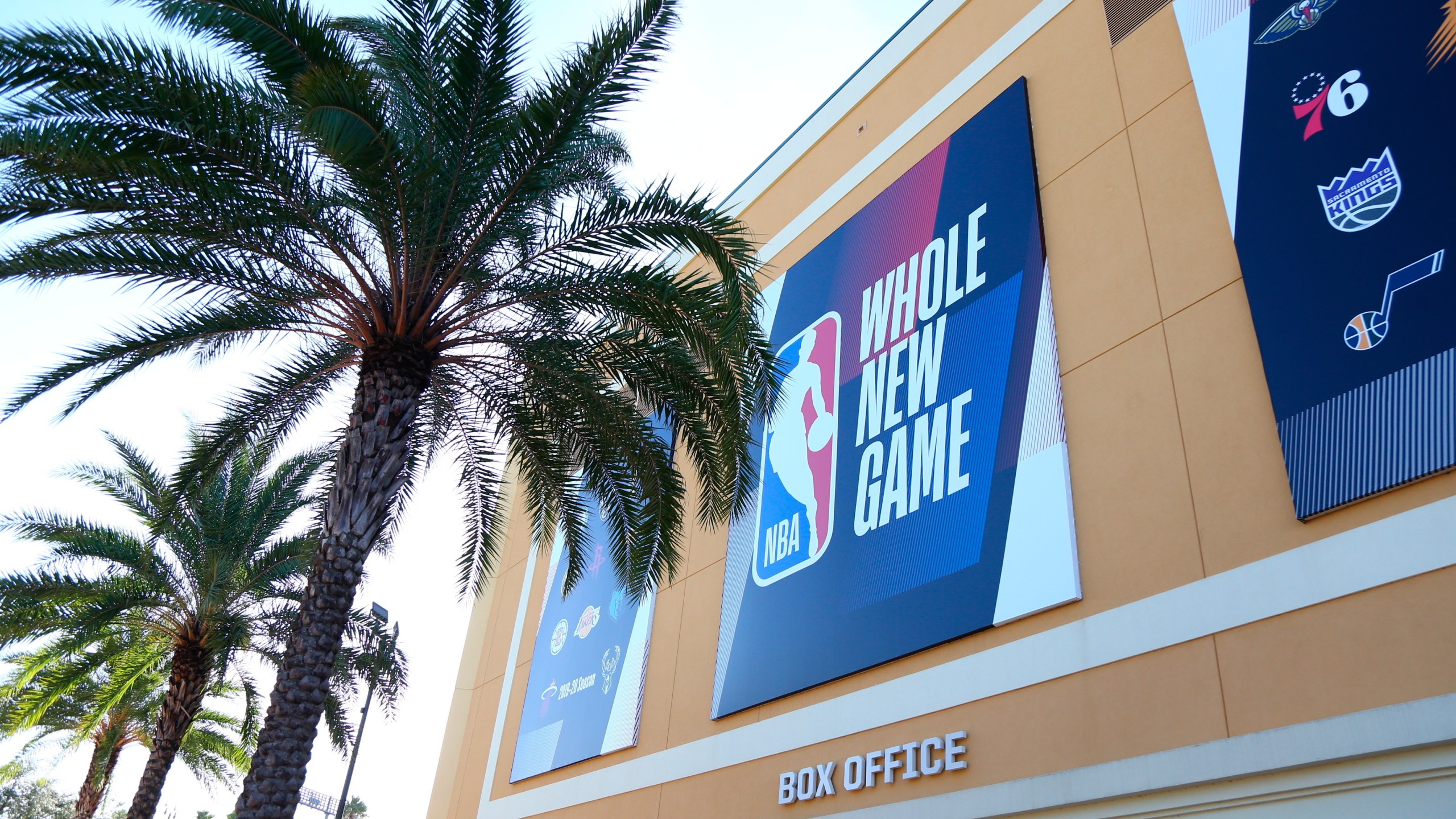 A general view outside of The Field House before Game 5 of an NBA basketball first-round playoff series, between the Oklahoma City Thunder and Houston Rockets, Wednesday, Aug. 26, 2020, in Lake Buena Vista, Fla. (Kim Klement/Pool Photo via AP)