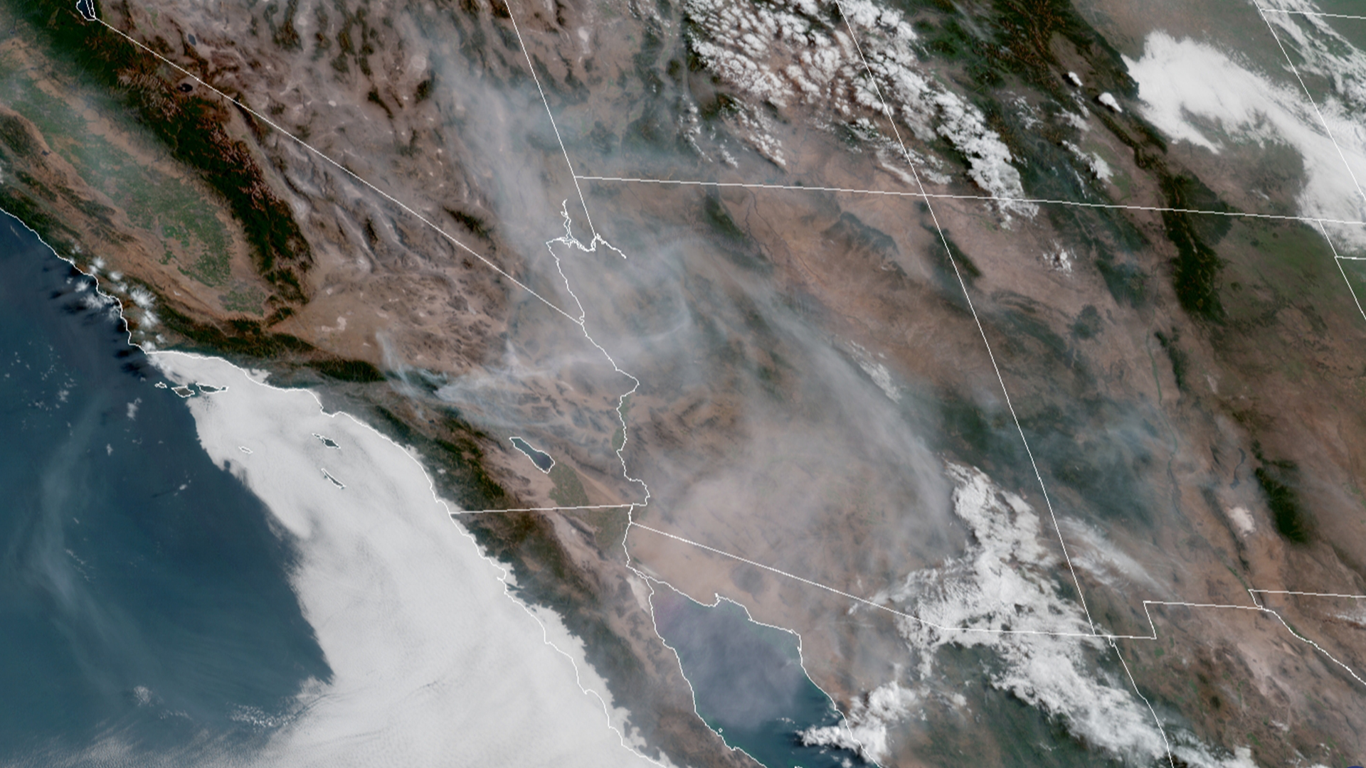 Satellite imagery shows much of Arizona shrouded in smoke from the Apple Fire burning in the San Bernardino Mountains on Aug. 3, 2020. (GOES-17/NOAA)