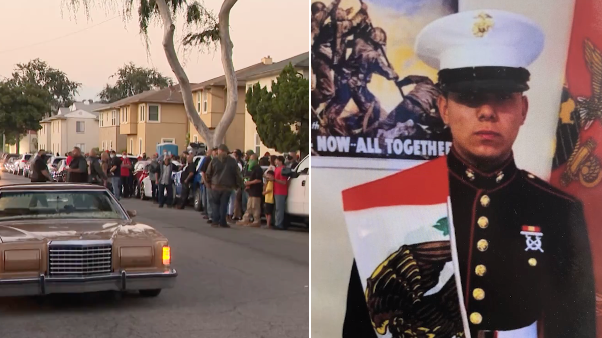 A memorial is seen in Montebello on Aug. 5, 2020. (KTLA) On the right, Lance Cpl. Marco Barranco, 21, is seen in a photo provided by family.