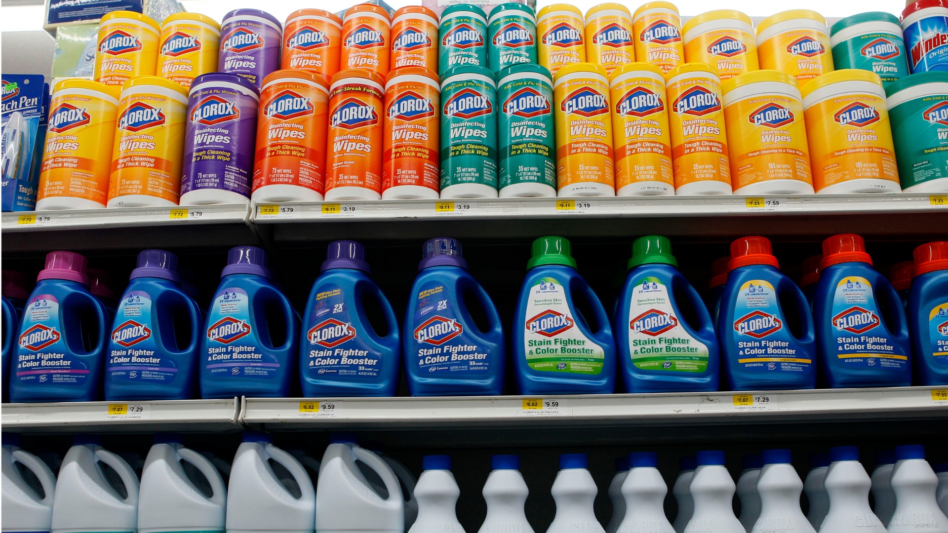 This July 15, 2011, file photo shows Clorox brand products line the shelf of a supermarket in the East Village neighborhood of New York. A handful of companies are rising to new highs even as stock markets around the world tumble on worries about a rapidly spreading virus. Clorox is close to an all-time high after jumping Monday, Feb. 24, 2020, amid expectations that more homes and hospitals will use its disinfecting wipes, for example. (AP Photo/Mary Altaffer, File)