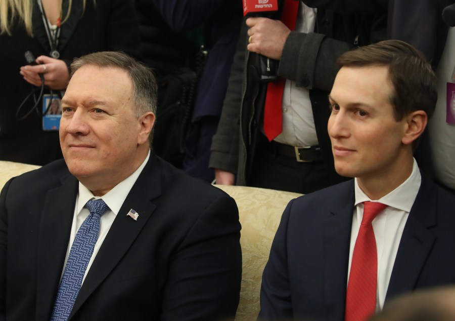 Secretary of State Mike Pompeo (L) and Senior White House Advisor Jared Kushner attend a meeting in the Oval Office with U.S. President Donald Trump and Israeli Prime Minister Benjamin Netanyahu, at the White House on Jan. 27, 2020, in Washington, D.C. (Mark Wilson/Getty Images)