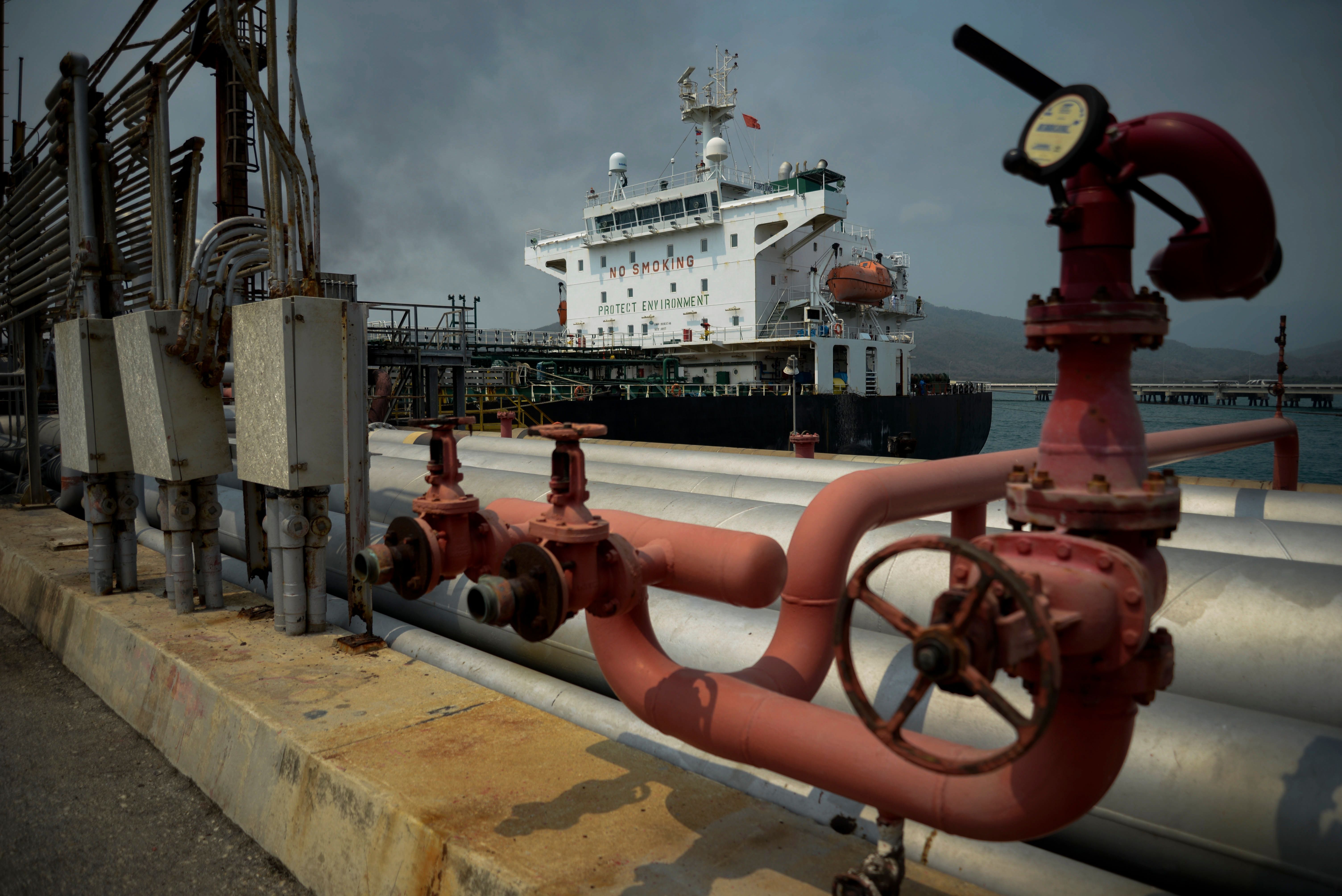 The Iranian-flagged oil tanker, Fortune, is docked at the El Palito refinery after its arrival to Puerto Cabello in the northern state of Carabobo, Venezuela, on May 25, 2020. (AFP via Getty Images)