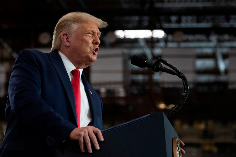 Donald Trump speaks after touring the Whirlpool Corporation Manufacturing Plant in Clyde, Ohio, on Aug. 6, 2020. (JIM WATSON/AFP via Getty Images)