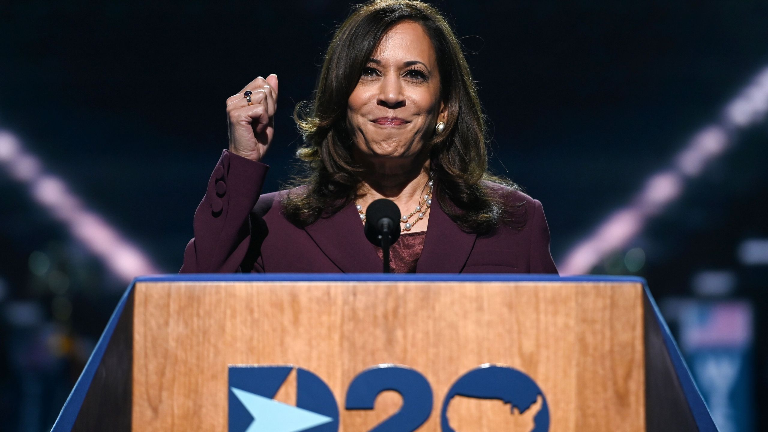 Senator from California and Democratic vice presidential nominee Kamala Harris speaks during the third day of the Democratic National Convention, being held virtually amid the novel coronavirus pandemic, at the Chase Center in Wilmington, Delaware, on Aug. 19, 2020. (Olivier Douliery / AFP / Getty Images)