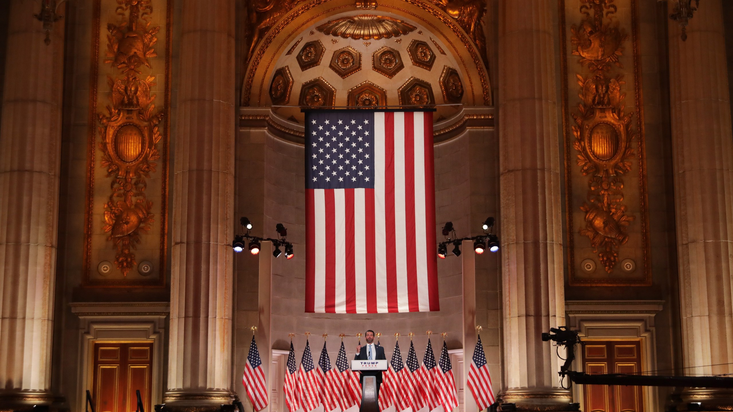 Donald Trump Jr. pre-records his address to the Republican National Convention at the Mellon Auditorium in Washington, D.C. on Aug. 24, 2020. (Chip Somodevilla/Getty Images)