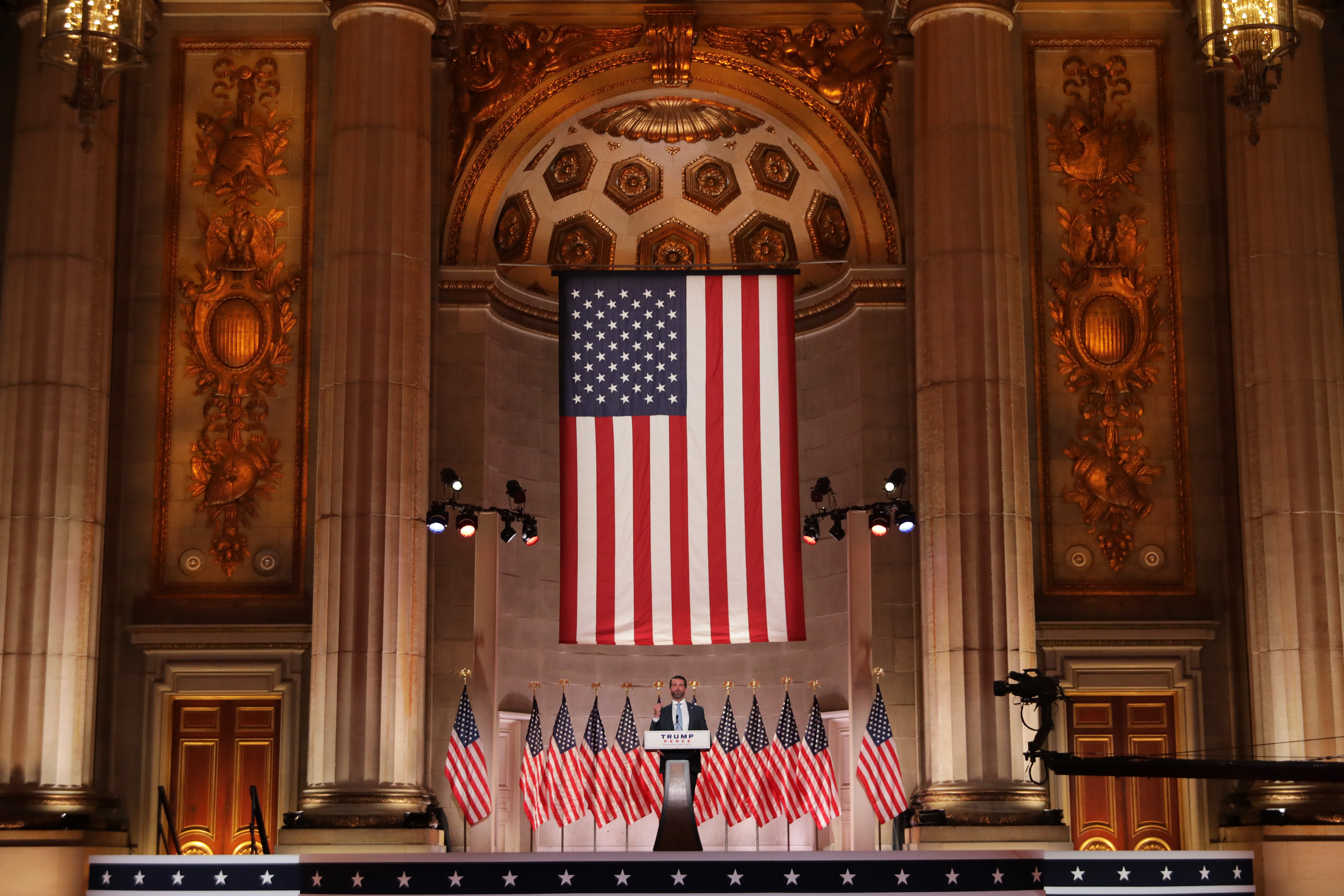 Donald Trump Jr. pre-records his address to the Republican National Convention at the Mellon Auditorium in Washington, D.C. on Aug. 24, 2020. (Chip Somodevilla/Getty Images)