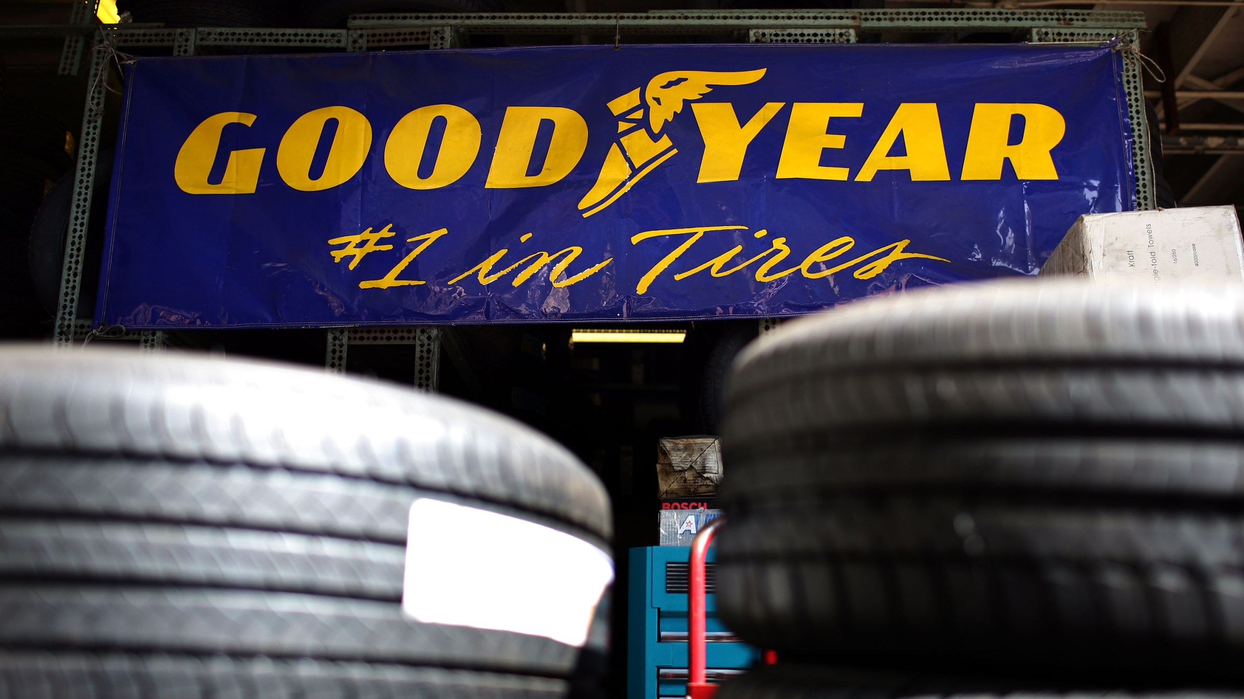 This file photo shows a Goodyear Tire banner. (Justin Sullivan/Getty Images)