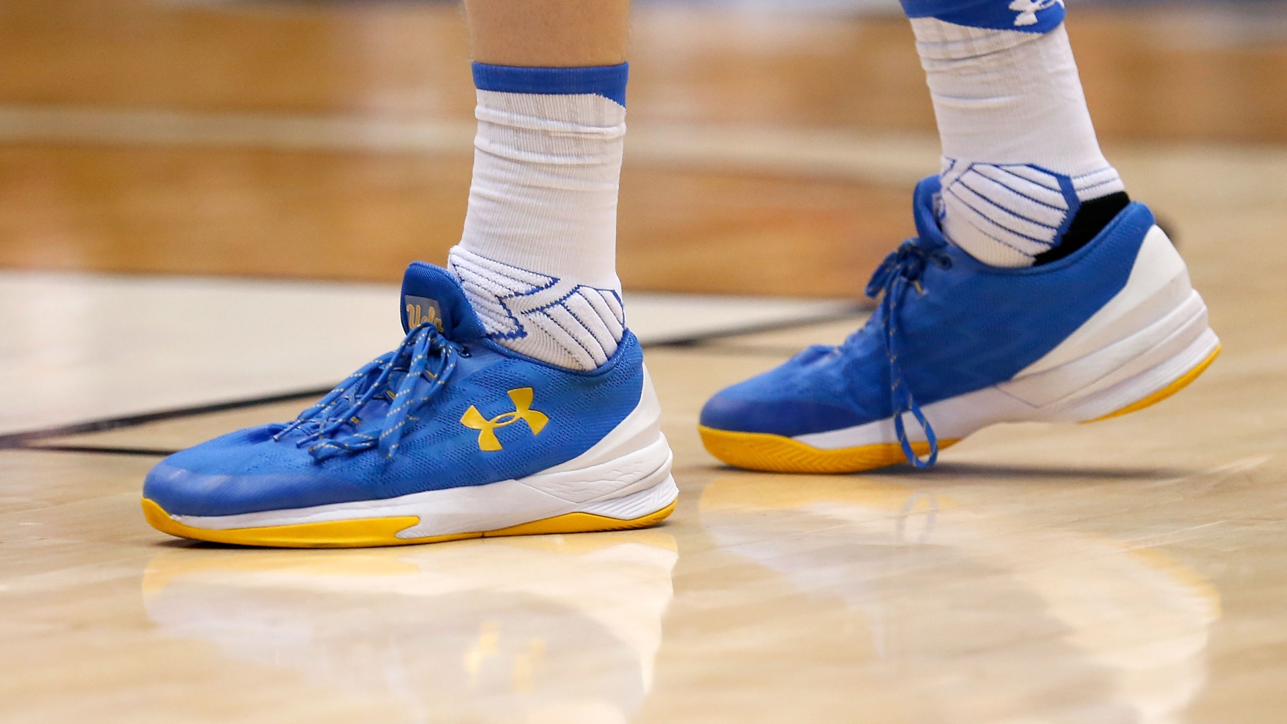 A detail of the Under Armour shoes worn by Thomas Welsh #40 of the UCLA Bruins is seen during a game at UD Arena on March 13, 2018, in Dayton, Ohio. (Kirk Irwin/Getty Images)