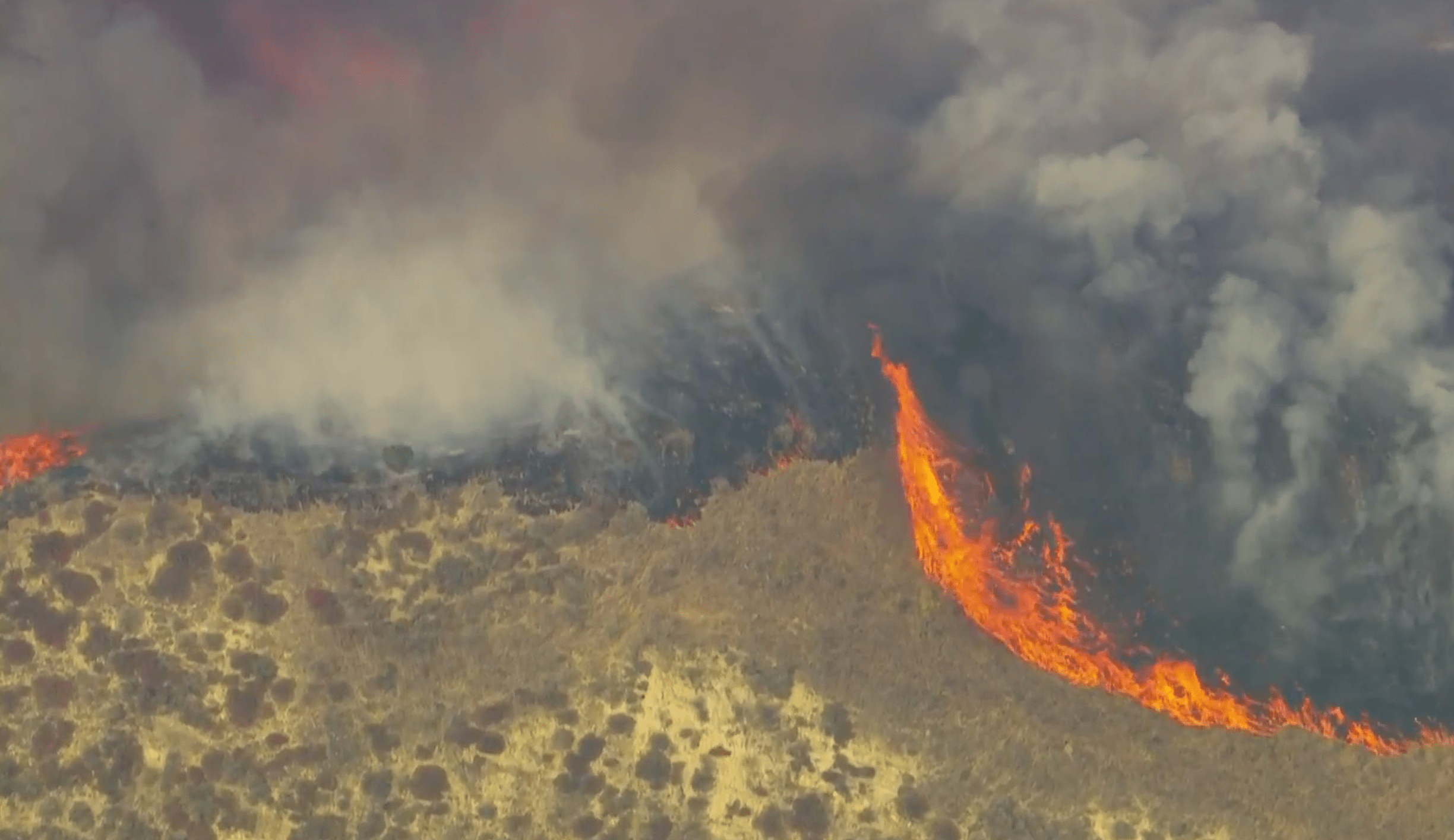 Holser Fire burns near Lake Piru on Aug. 17, 2020. (KTLA)