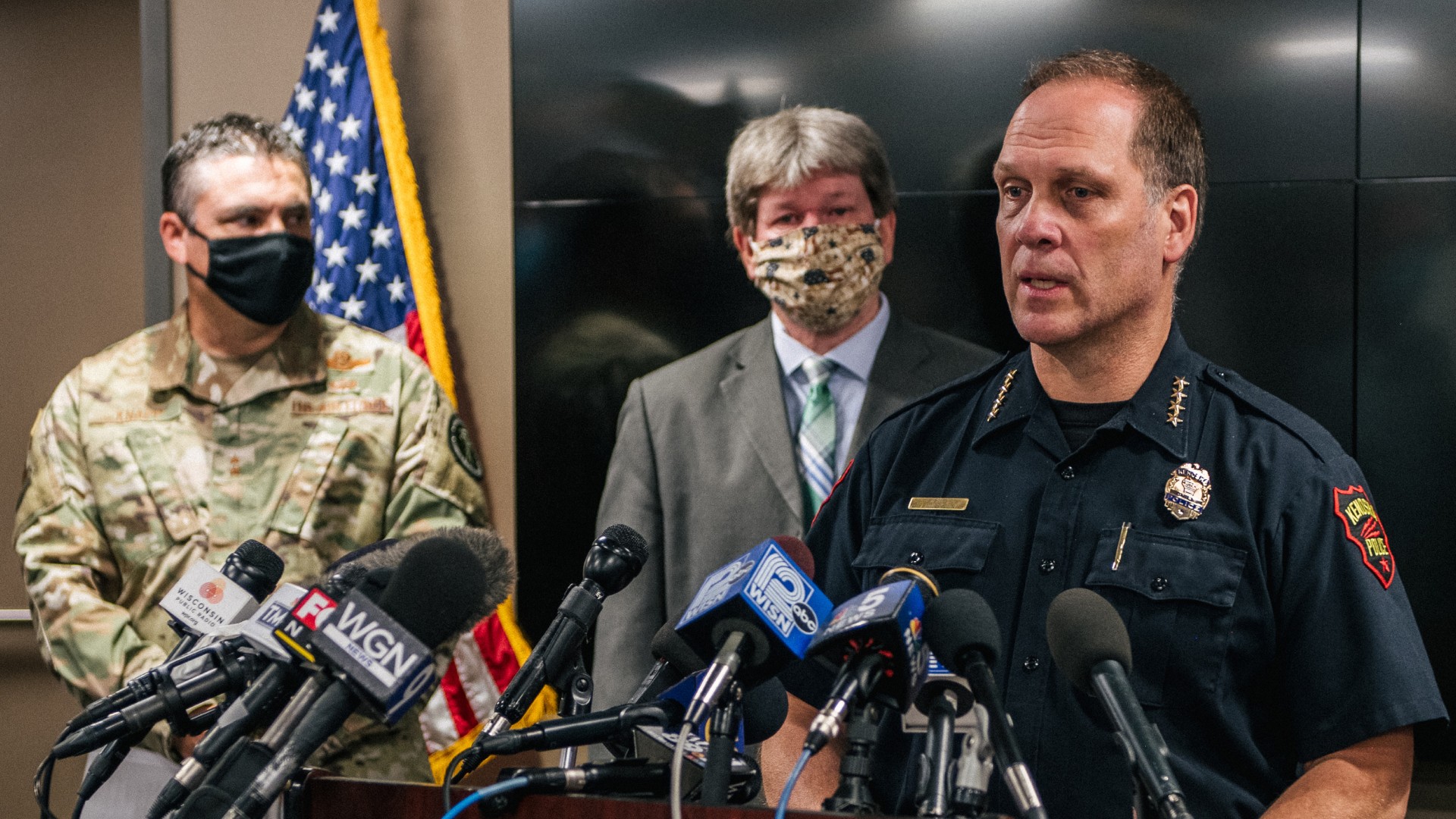 Police Chief Dan Miskinis speaks at a news conference on August 26, 2020 in Kenosha, Wisconsin. Kenosha's mayor, National Guard Sargent, county executive, police chief, and other local officials held a news conference to discuss the recent civil unrest surrounding the police shooting of Jacob Blake. (Brandon Bell/Getty Images)