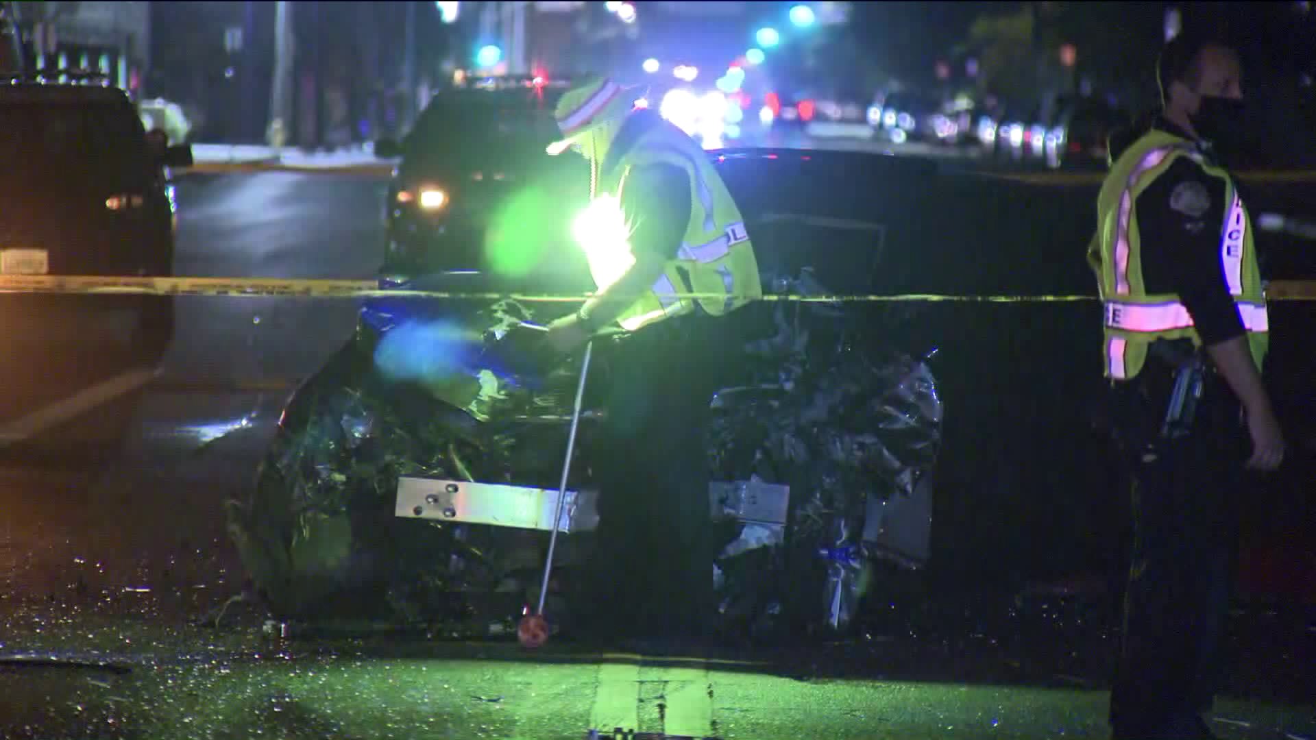 A teenager was killed in a crash in Lake Balboa on Aug. 6, 2020. (KTLA)