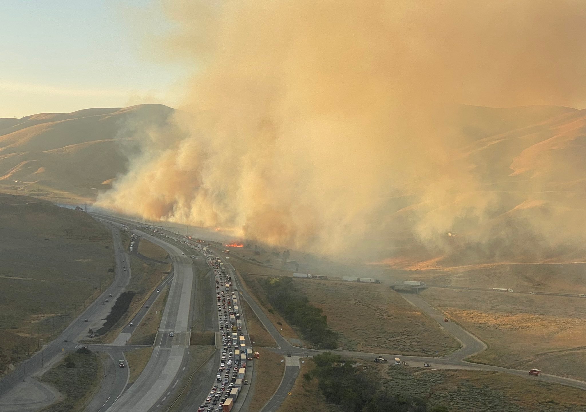 A wildfire near Gorman, dubbed the Post Fire, quickly explodes to up to 100 acres within in an hour on Aug. 2, 2020. (Los Angeles County Fire Department's Air Operations via Twitter)