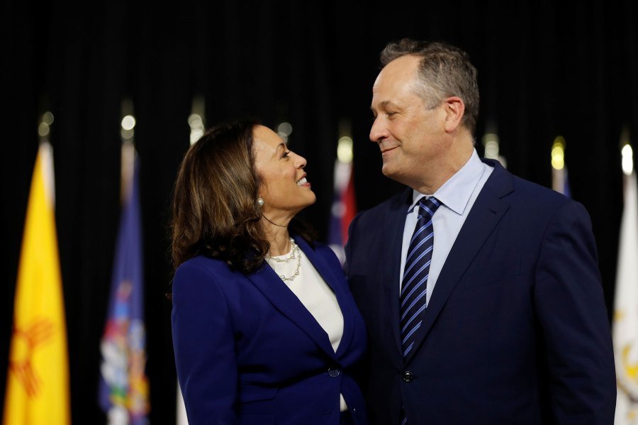 Vice President-elect Sen. Kamala Harris and her husband Douglas Emhoff are seen at the stage during a campaign event, in Wilmington, Delaware on Aug. 12, 2020. (REUTERS/Carlos Barria via CNN)