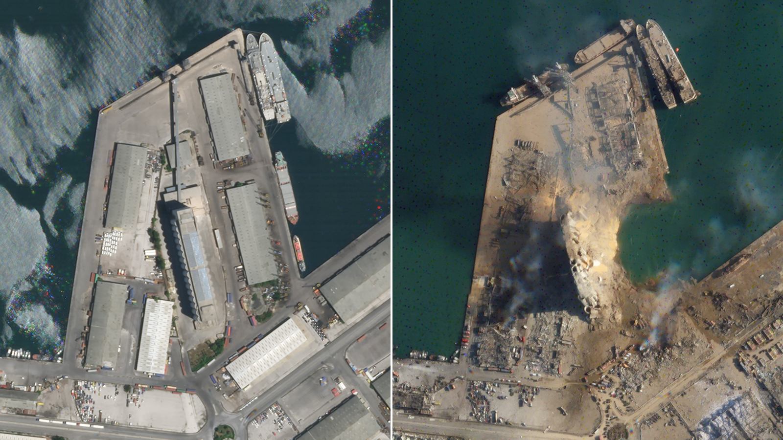 The port before the explosion, left, and after, right. (Planet Labs, Inc.)