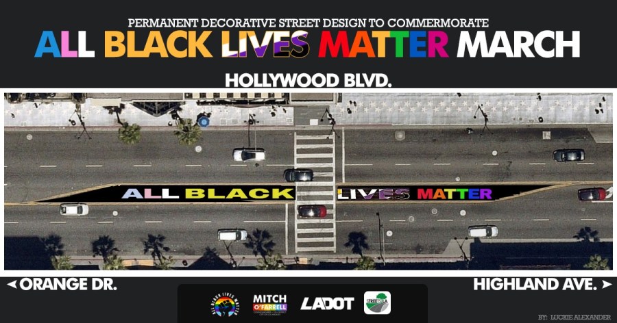 A mock-up of the "All Black Lives Matter March" installation is seen in an image released by the L.A. Department of Public Works on Aug. 21, 2020.