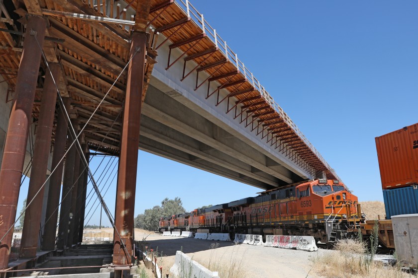 A bridge in Madera County crucial to the bullet train project, shown in summer 2020, had a serious problem with corroded tension strands that broke in December 2019. (Gary Coronado / Los Angeles Times)