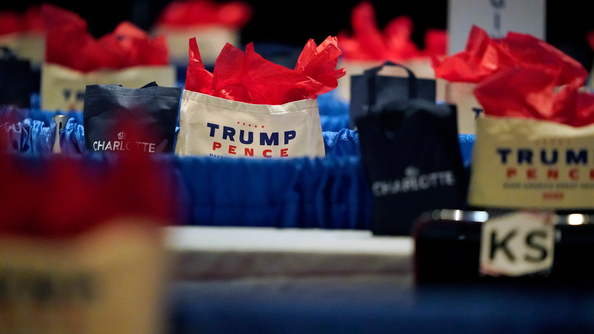 The room is set for the first day of the Republican National Convention, Monday, Aug. 24, 2020, in Charlotte, N.C. (AP Photo/Chris Carlson)