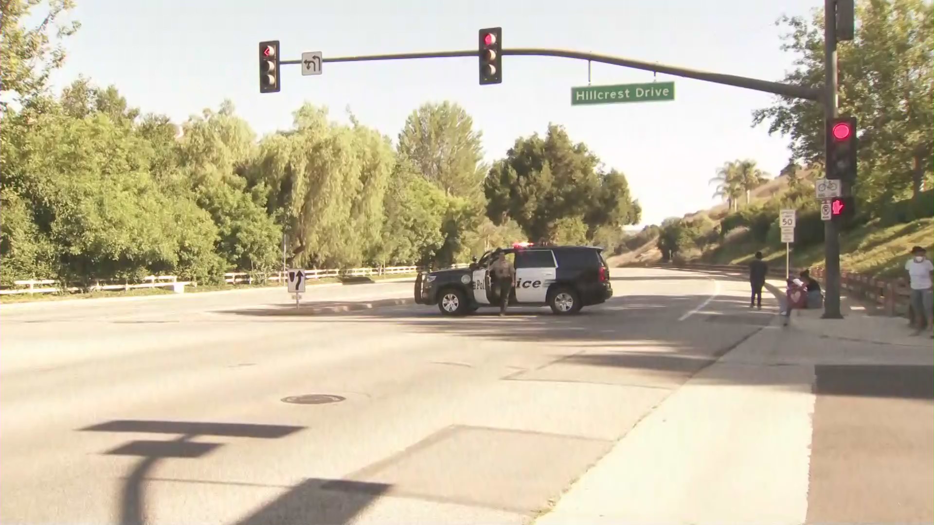 Officers investigate a deadly crash on Westlake Boulevard near Skelton Canyon Circle Drive on Aug. 2, 2020. (KTLA)