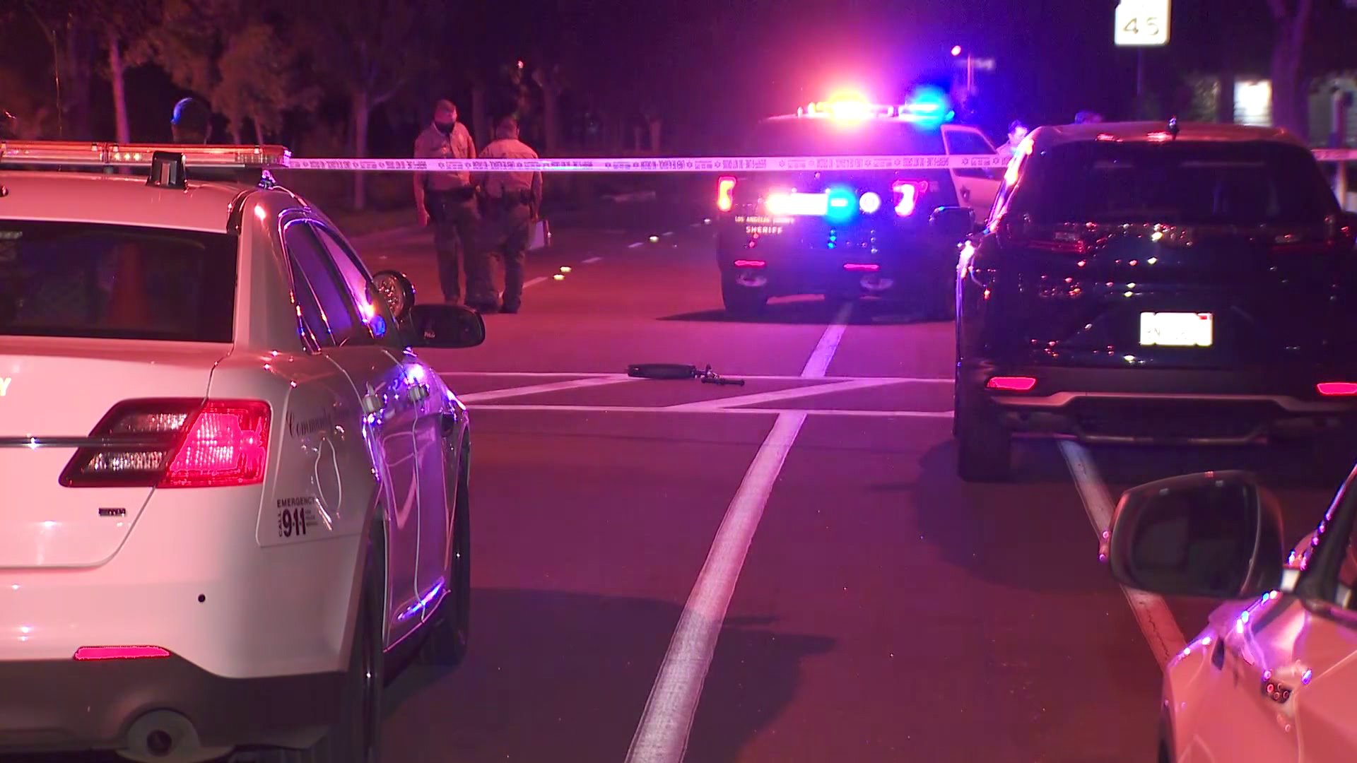 The scene of a fatal crash in Westlake Village is cordoned off on Sept. 29, 2020. (KTLA)