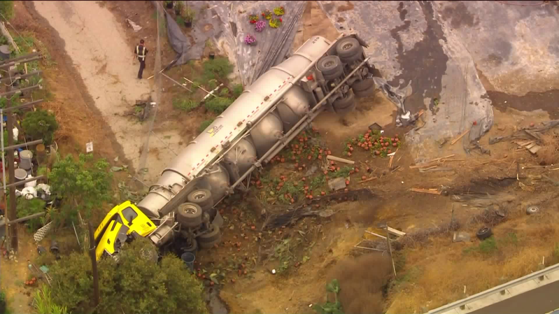 A semi truck rolled over off a freeway in Harbor on Sept. 10, 2020. (KTLA)