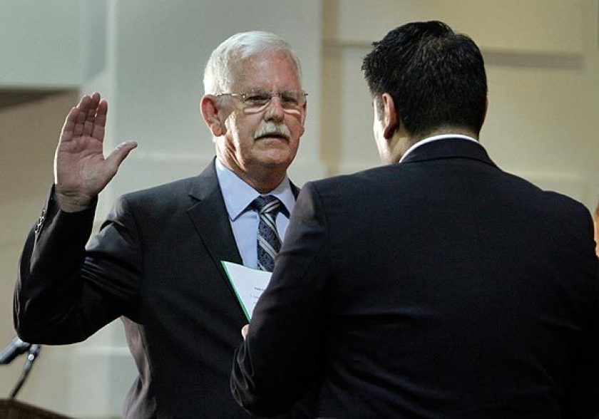 Danny Harber, seen here being sworn in as a City Council member in Bell, was arrested on Sept. 1, 2020, for suspicion of killing his wife. (Lawrence K. Ho / Los Angeles Times)