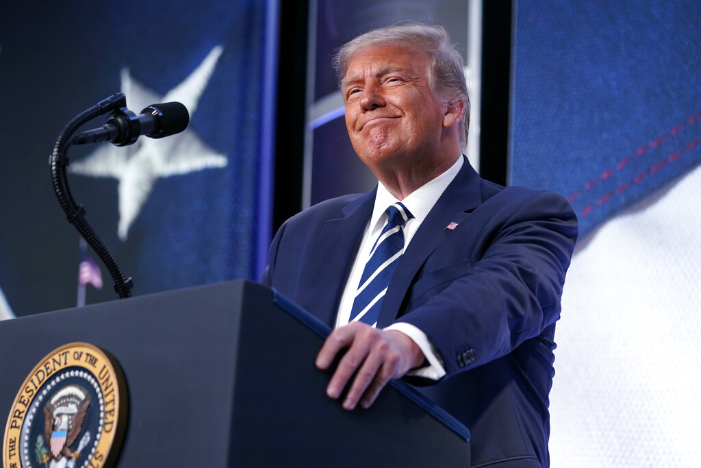 President Donald Trump speaks to the 2020 Council for National Policy Meeting, Friday, Aug. 21, 2020, in Arlington, Va. (AP Photo/Evan Vucci)