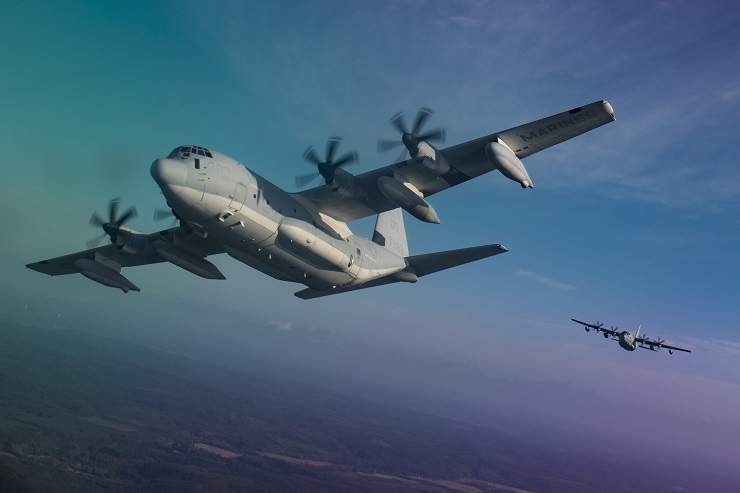 A U.S. Marine Corps KC-130J Hercules aircraft is seen at Naval Air Station Whidbey Island, Washington, Aug. 14, 2017. (U.S. Marine Corps photo by Cpl. Joseph Abrego)