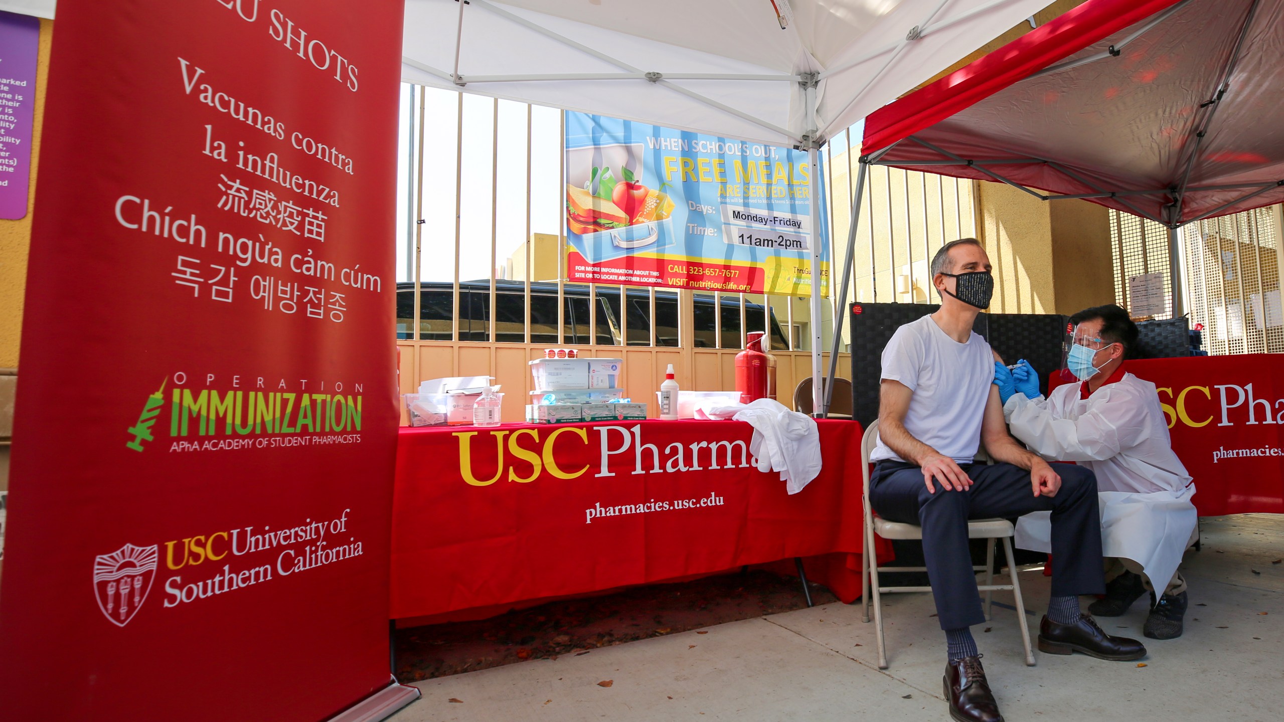 Los Angeles Mayor Eric Garcetti received a flu shot on Sept. 22, 2020, in Boyle Heights. (City of Los Angeles)