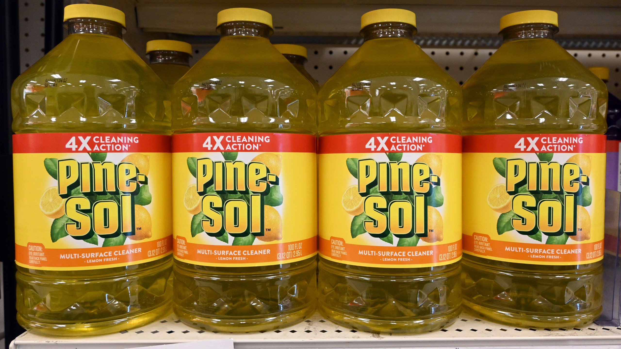 Pine Sol multi-surface lemon fresh cleaner seen on a shelf at a Target store in Los Angeles on March 23, 2020. (Kirby Lee via AP)