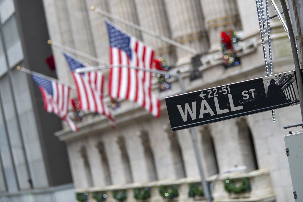 In this Jan. 3, 2020 file photo, the Wall St. street sign is framed by American flags flying outside the New York Stock Exchange in New York. Stocks are falling early on Wall Street Thursday, Sept. 17, as the late selling from the previous day carries over. (AP Photo/Mary Altaffer, File)