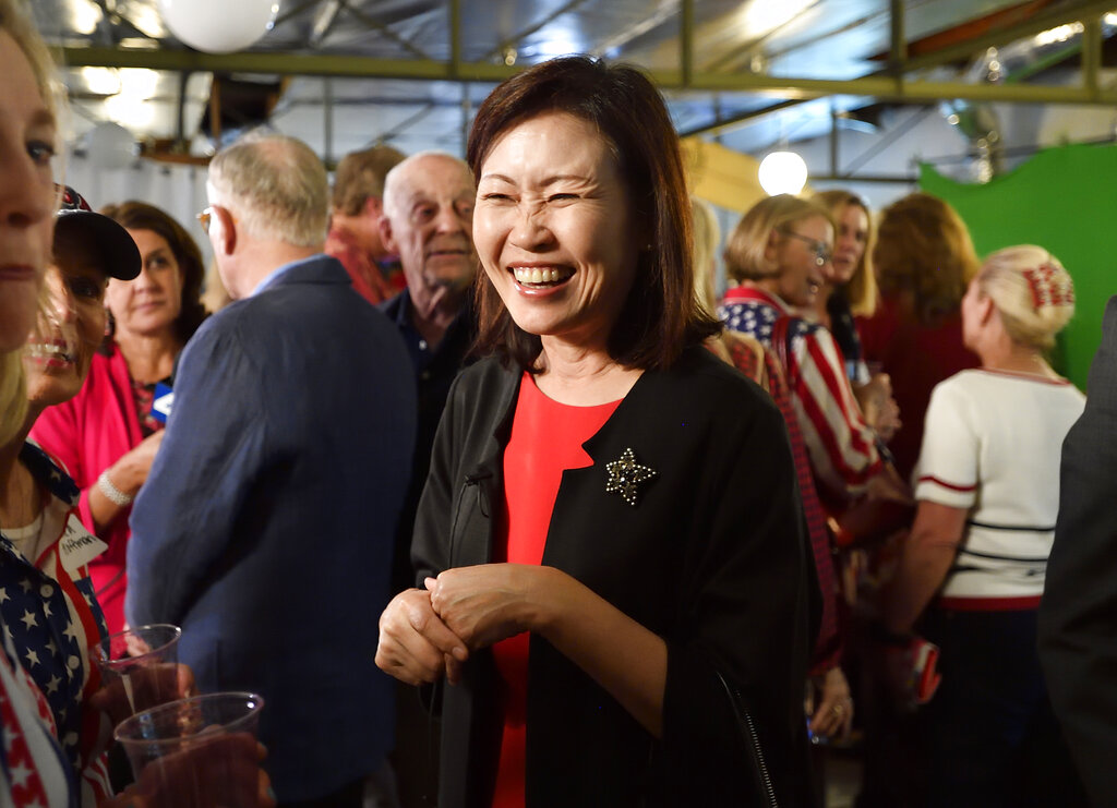 In this Tuesday, June 5, 2018, file photo Orange County Supervisor Michelle Steel smiles as she visits Rep. Dana Rohrabacher's election night party in Costa Mesa, Calif. Republican Steel, who heads the Orange County Board of Supervisors, has seized on the fight over affirmative action and the new labor law known as AB5 in her bid to oust first-term Democratic Rep. Harley Rouda. (Jeff Gritchen/The Orange County Register via AP, File)