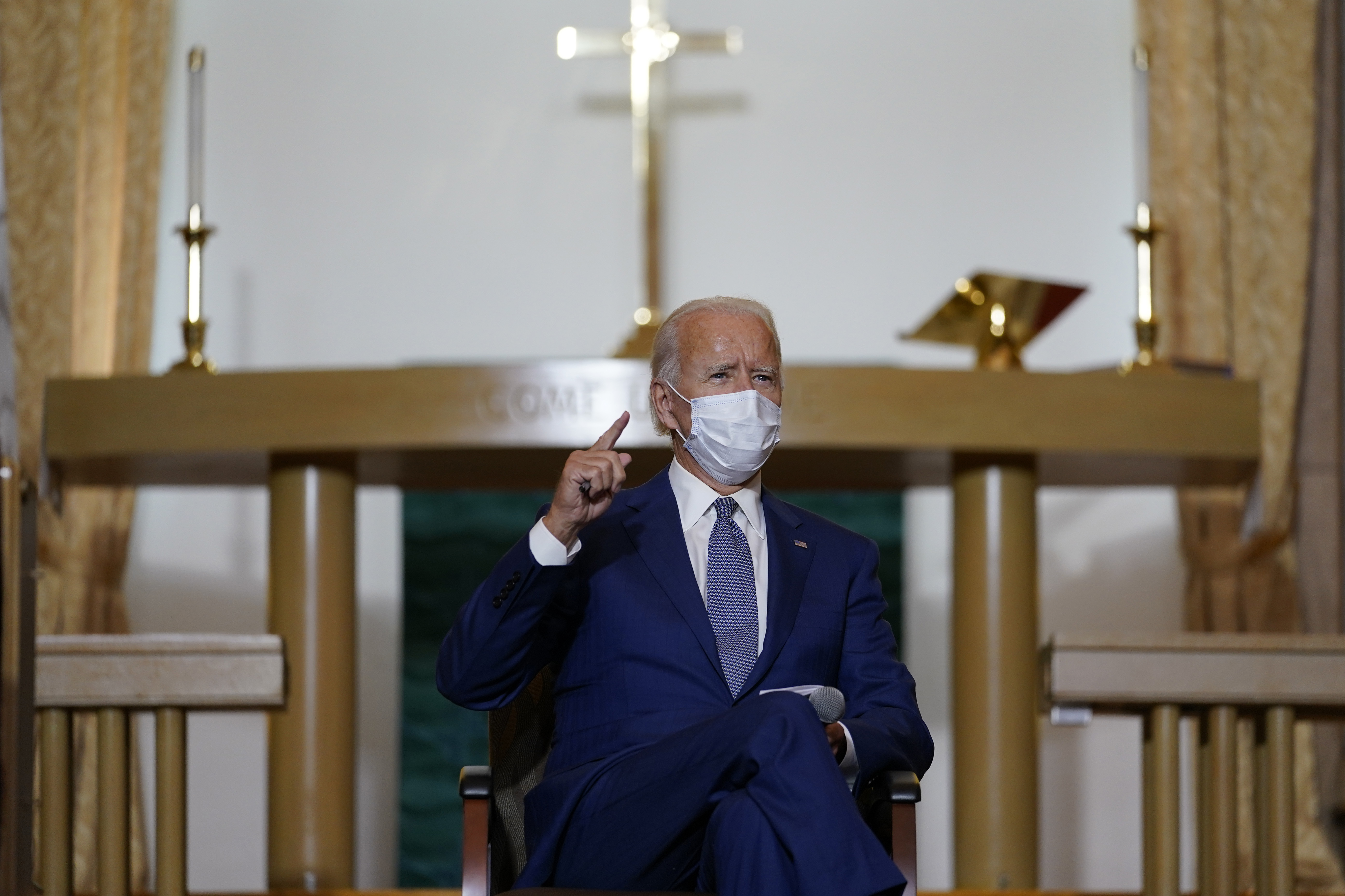 Democratic presidential candidate former Vice President Joe Biden meets with community members at Grace Lutheran Church in Kenosha, Wis., Thursday, Sept. 3, 2020. (AP Photo/Carolyn Kaster)